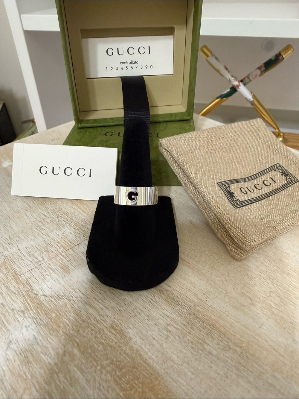 Authentic Gucci Polished 925 Sterling Silver G-Logo Wide Band Ring